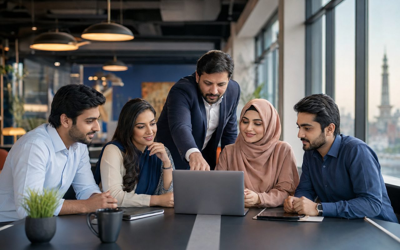 Pakistani professionals learning from an industry mentor in a modern Lahore office